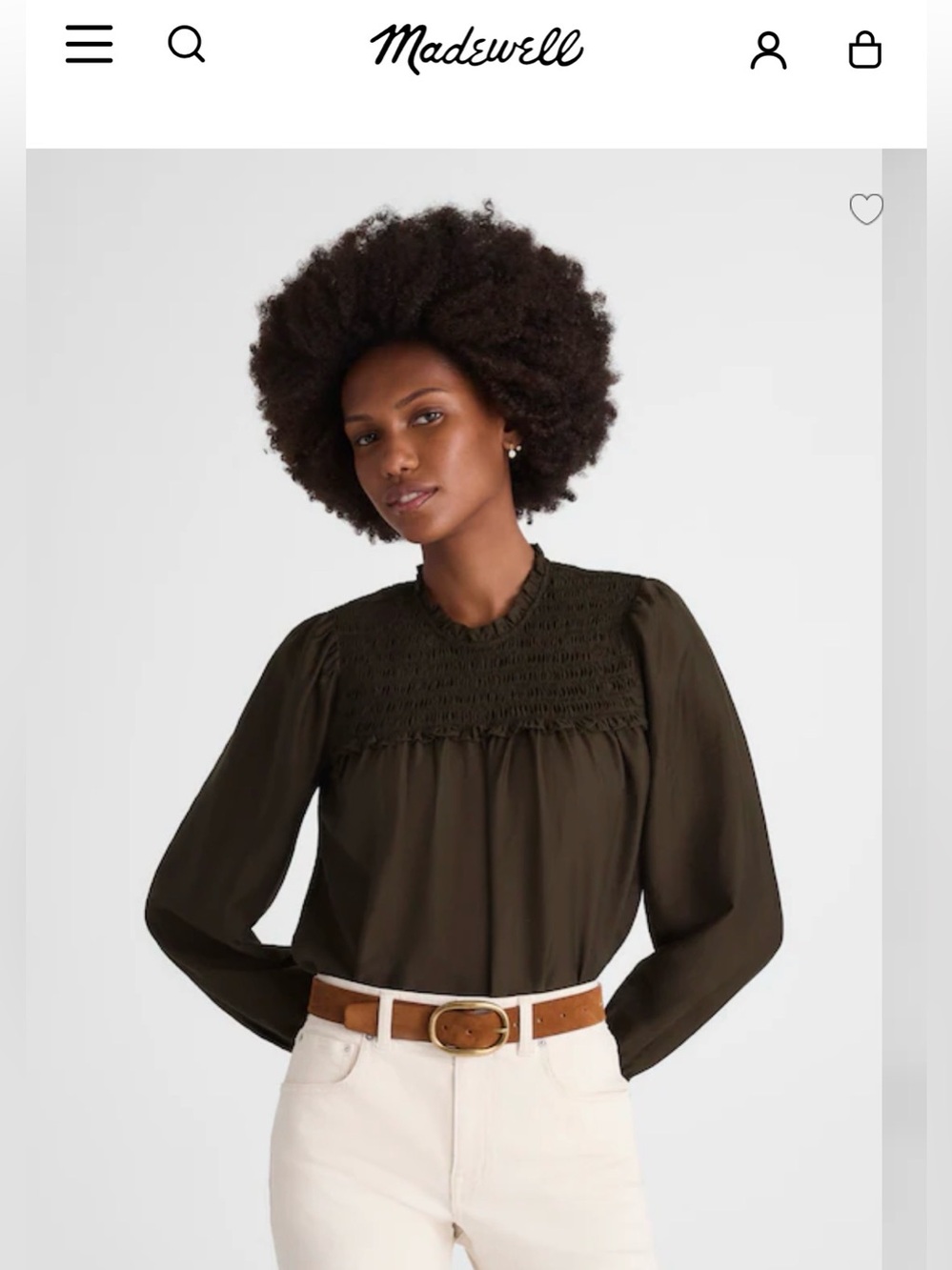 NWOT Madewell Midnight Olive Green Smocked High-Neck Long-Sleeve Top size Medium